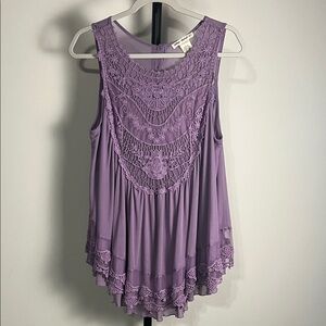 EUC Indigo Threads Purple Crochet Lace Sleeveless Top Boho Stretch Large